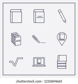 Outline 9 school icon set. online book reading, library location, book and stationery knife vector illustration