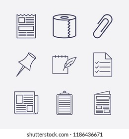 Outline 9 sheet icon set. newspaper, notebook feather pen, document list, paper clip, toilet paper, clipboard and paper pin vector illustration