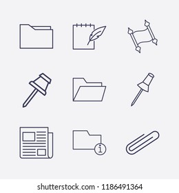 Outline 9 sheet icon set. old paper, notebook feather pen, paper pin, information folder, paper clip, newspaper and folder vector illustration
