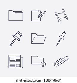 Outline 9 sheet icon set. old paper, notebook feather pen, paper pin, information folder, paper clip, newspaper and folder vector illustration