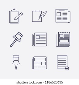 Outline 9 sheet icon set. clipboard, newspaper, add document, notebook feather pen and paper pin vector illustration