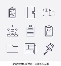 Outline 9 sheet icon set. toilet paper, clipboard with tactic, paper pin, newspaper, clipboard, gold, notebook and folder vector illustration