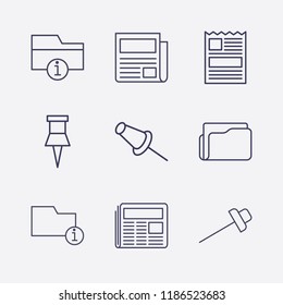 Outline 9 sheet icon set. paper pin, folder, information folder and newspaper vector illustration