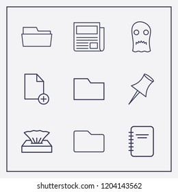 Outline 9 sheet icon set. halloween ghost, document add, notebook and newspaper vector illustration