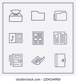 Outline 9 sheet icon set. notebook, melody notebook, paper and newspaper vector illustration