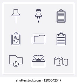 Outline 9 sheet icon set. napkin box, toilet paper, folder and clipboard with tactic vector illustration