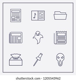 Outline 9 sheet icon set. napkin box, paper pin, newspaper and melody notebook vector illustration