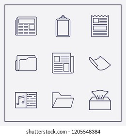 Outline 9 sheet icon set. folder, clipboard, paper and newspaper vector illustration