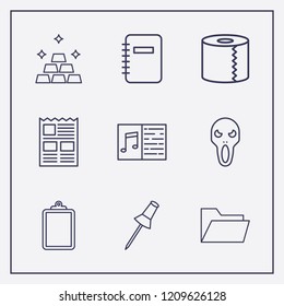 Outline 9 sheet icon set. paper pin, gold, clipboard and folder vector illustration