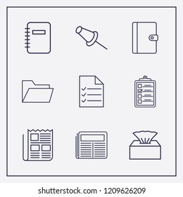 Outline 9 sheet icon set. paper pin, notebook, document list and napkin box vector illustration