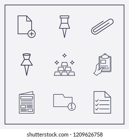Outline 9 sheet icon set. hand with clipboard, paper pin, newspaper and document list vector illustration