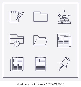 Outline 9 sheet icon set. gold, notebook feather pen, information folder and folder vector illustration