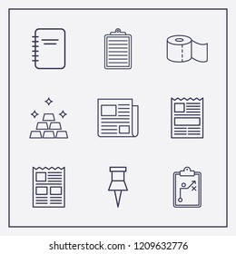 Outline 9 sheet icon set. newspaper, toilet paper, gold and clipboard vector illustration