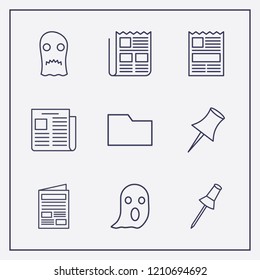 Outline 9 sheet icon set. newspaper, paper pin, folder and ghost vector illustration