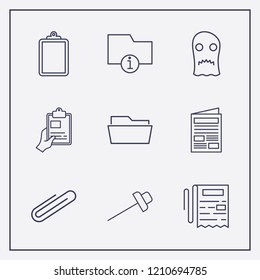 Outline 9 sheet icon set. newspaper, paper clip, hand with clipboard and halloween ghost vector illustration