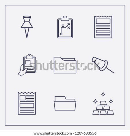 Outline 9 sheet icon set. hand with clipboard, gold, clipboard with tactic and paper pin vector illustration