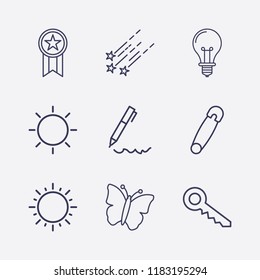 Outline 9 shiny icon set. award, butterfly, star fall, sun, pen, lamp, safety pin and key vector illustration