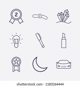 Outline 9 shiny icon set. broken chain, award, lamp, pen, crystal, moon, car and lipstick vector illustration