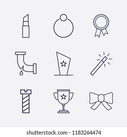 Outline 9 shiny icon set. broken pipe, screw, award cup, ring, winner cup, award, magic stick, lipstick and bow vector illustration