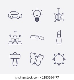 Outline 9 shiny icon set. lamp, lipstick, gold, butterfly, sun, disco ball, car shifter, car and broken chain vector illustration