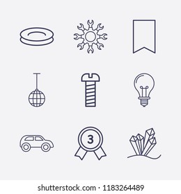 Outline 9 shiny icon set. bookmark, crystal, setting, plate, screw, disco ball, lamp, award and car vector illustration