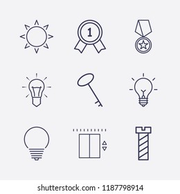 Outline 9 shiny icon set. key, award, elevator, sun, screw, award medal and lamp vector illustration