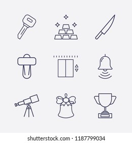 Outline 9 shiny icon set. gold, elevator, telescope, key, knife, car shifter, award cup and bell vector illustration