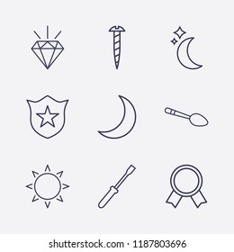 Outline 9 shiny icon set. screw, spoon, award, police badge, sun, diamond, screwdriver and moon vector illustration