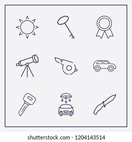 Outline 9 shiny icon set. telescope, award, car wash and key vector illustration
