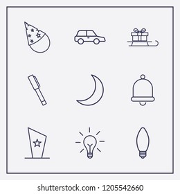 Outline 9 shiny icon set. moon, award cup, party cone and car vector illustration