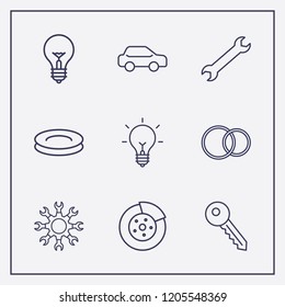 Outline 9 shiny icon set. key, car, wrench and wedding ring vector illustration