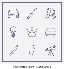Outline 9 shiny icon set. crown, safety pin, car and telescope vector illustration