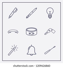 Outline 9 shiny icon set. key, ribbon banner, magic stick and fish canned vector illustration