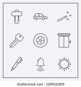Outline 9 shiny icon set. car shifter, bell, magic stick and car wheel vector illustration