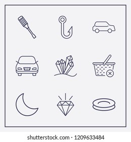Outline 9 shiny icon set. car, close basket, fish hook and crystal vector illustration