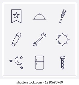 Outline 9 shiny icon set. refrigerator, bookmark, wrench and screwdriver vector illustration