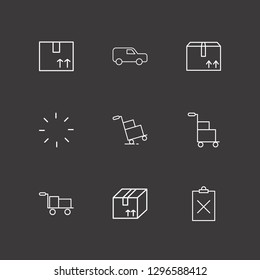 Outline 9 shipping icon set. box trolley, box, clipboard remove and van vector illustration
