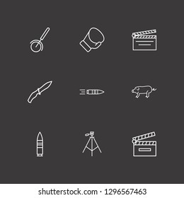 Outline 9 shot icon set. boxing glove, pizza cutter, soldier knife and tripod vector illustration