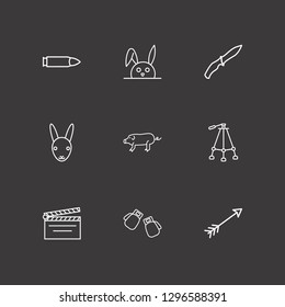 Outline 9 shot icon set. boxing gloves, rabbit, movie clapper and tripod vector illustration