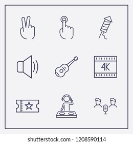 Outline 9 show icon set. two fingers, finger click, audio conference and sound vector illustration