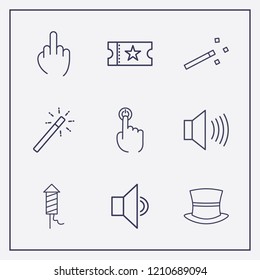 Outline 9 show icon set. magic stick, movie ticket, finger click and fireworks vector illustration