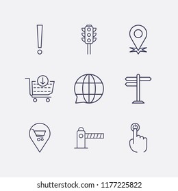 Outline 9 sign icon set. parking barrier, globe chat, traffic light, shopping location, finger click, road sign, location, add to cart and exclamation vector illustration