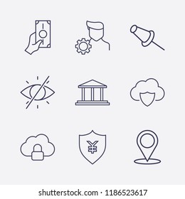 Outline 9 sign icon set. location, account settings, paper pin, cloud security, money shield, money with hand, cloud lock, bank and forbidden look vector illustration