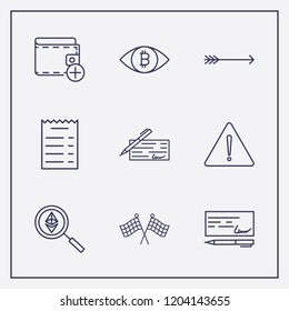 Outline 9 sign icon set. ethereum search, warning, eye with bitcoin and add money vector illustration