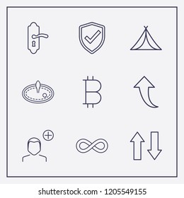 Outline 9 sign icon set. infinity, shield check, arrow and door handle vector illustration