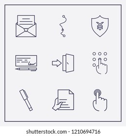 Outline 9 sign icon set. hand with document, pen, money shield and finger click vector illustration