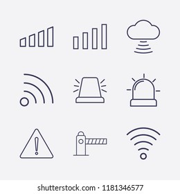 Outline 9 signal icon set. warning, wifi, parking barrier, signal bars, alarm flasher and cloud signal vector illustration