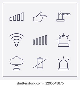 Outline 9 signal icon set. alarm flasher, wifi, no battery and parking barrier vector illustration