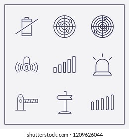 Outline 9 signal icon set. signal bars, parking barrier, alarm flasher and no battery vector illustration