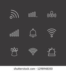 Outline 9 signal icon set. lock signal, wi fi signal, signal bars and bell vector illustration